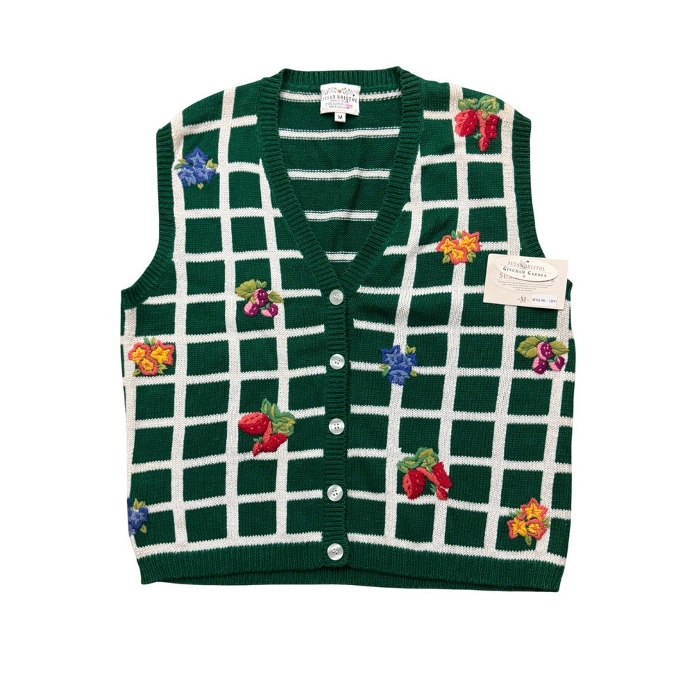 Vintage Susan Bristol Gingham Garden Hand Embroidered Floral Granny Sweater Vest